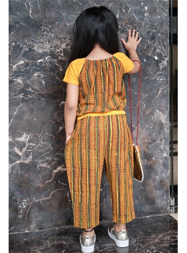 Kids Yellow Ajrakh Jumpsuit - Prathaa - weaving traditions