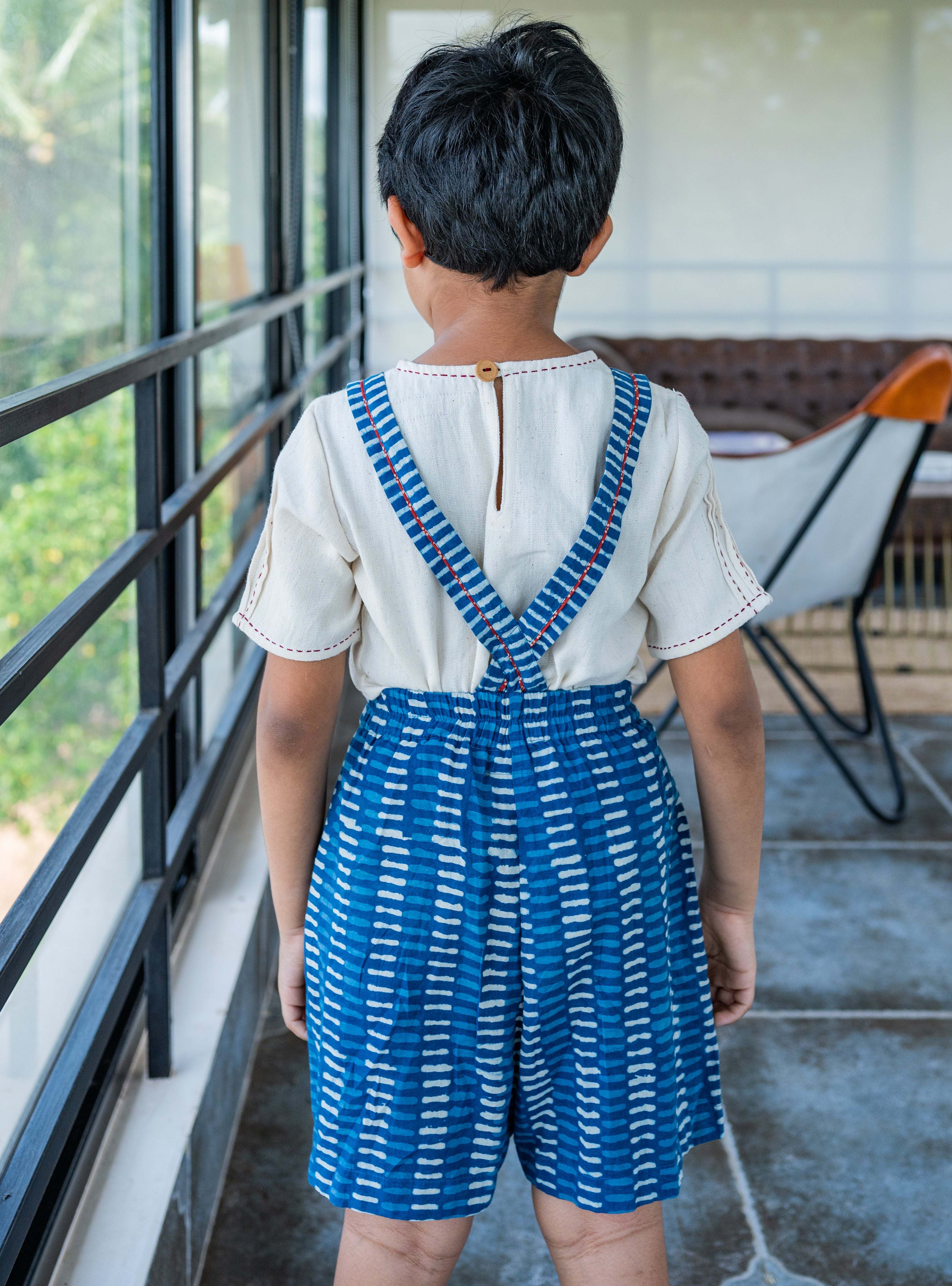 Natkhat Indigo ladder print Dungaree - Prathaa - weaving traditions