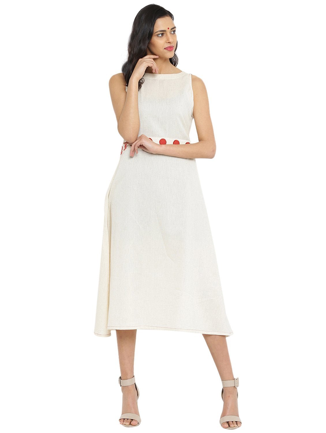 Midi Handloom Dress With Bindi Waist Belt - Prathaa - weaving traditions