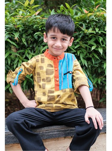Kids Mustard Hand Block Patchwork Kurta - Prathaa - weaving traditions