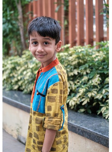 Kids Mustard Hand Block Patchwork Kurta - Prathaa - weaving traditions