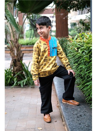 Kids Mustard Hand Block Patchwork Kurta - Prathaa - weaving traditions