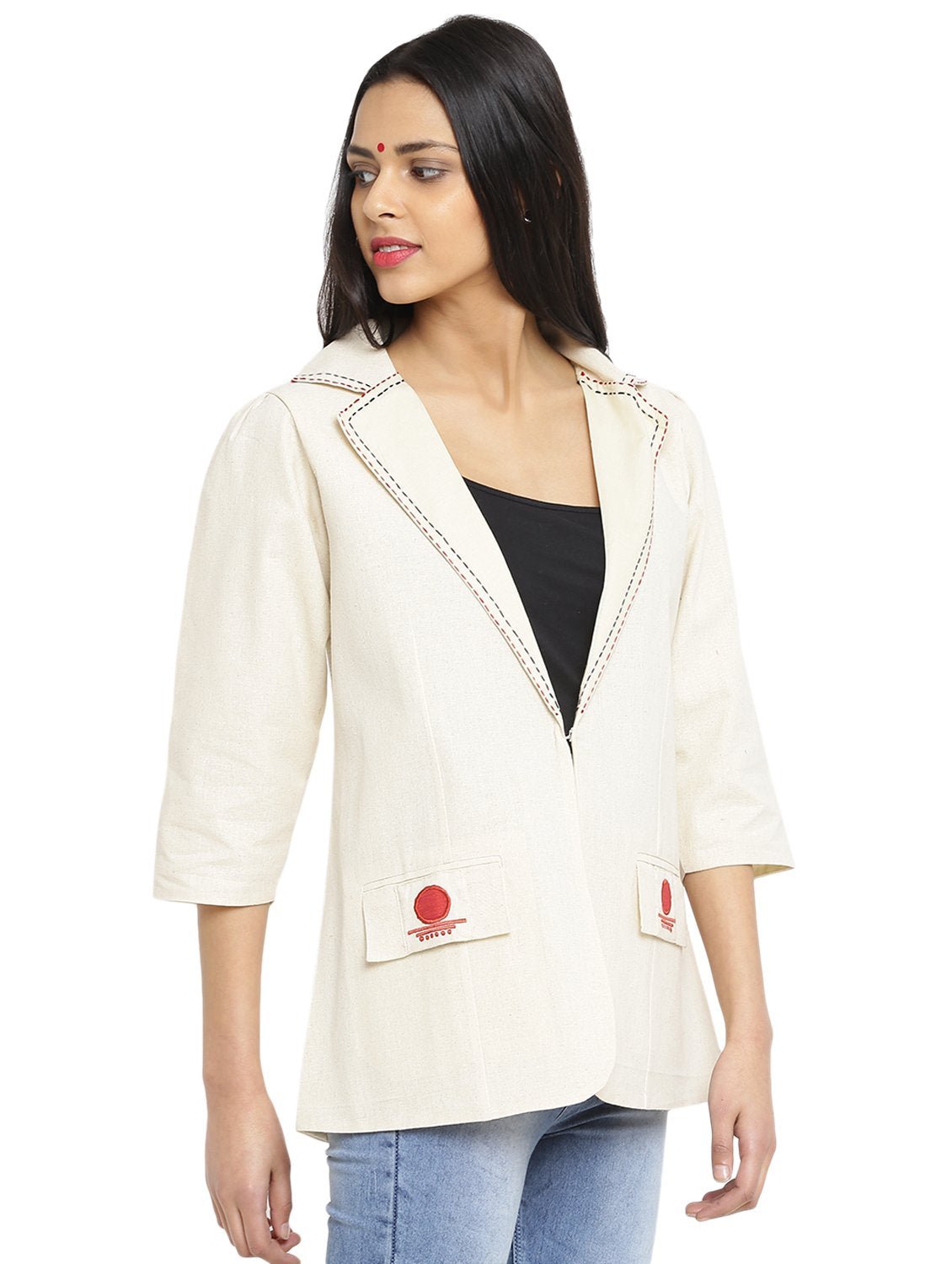 Off white Formal Handloom Blazer With Kantha Stitch - Prathaa - weaving traditions