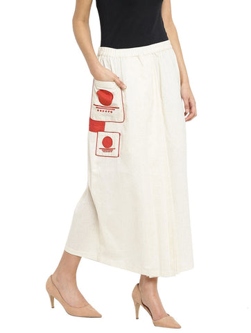Off White Handloom Lungi Skirt With Bindi Motif Patch Pocket - Prathaa - weaving traditions