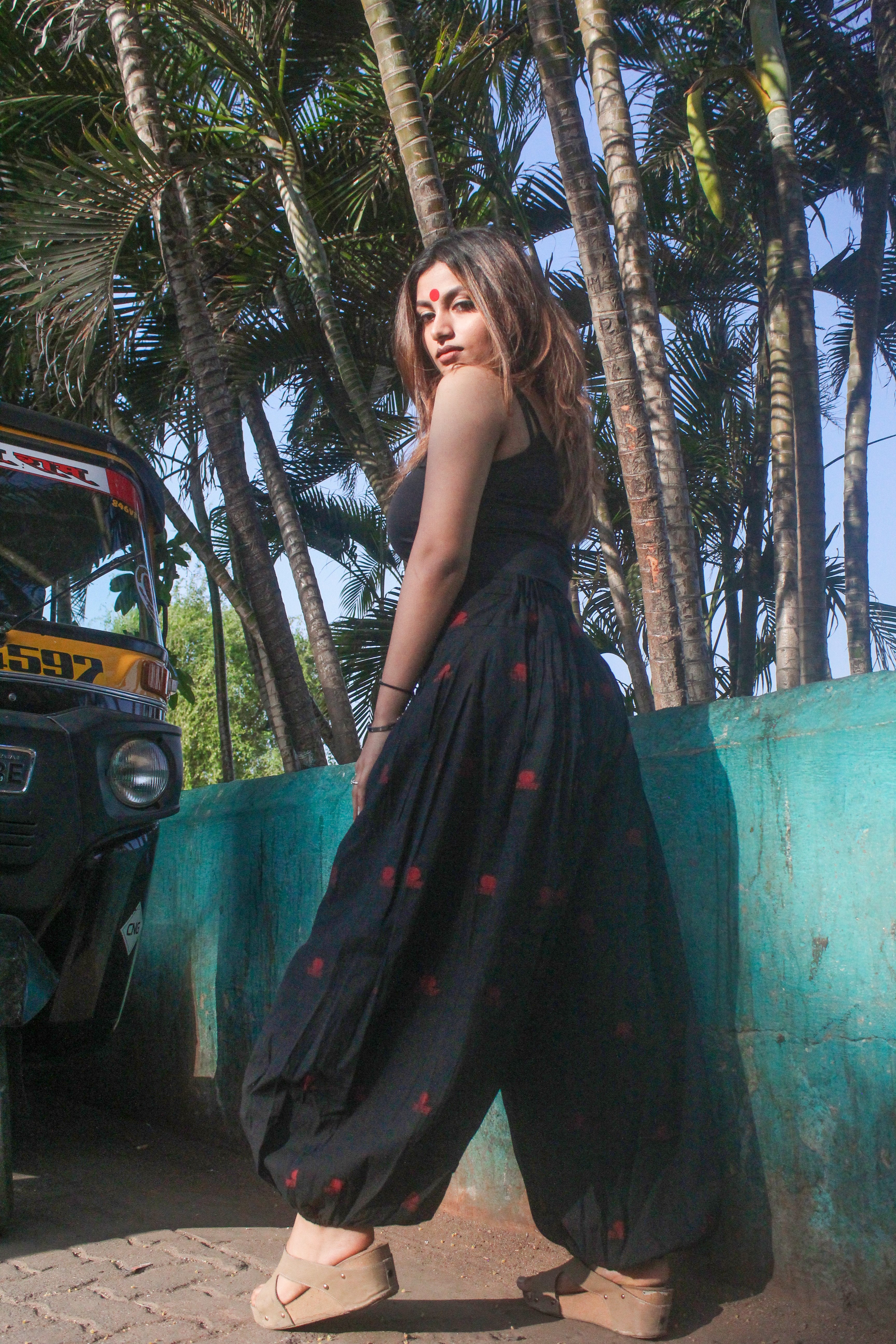 Black Flared Harem Pant in Jamdani Fabric - Prathaa - weaving traditions