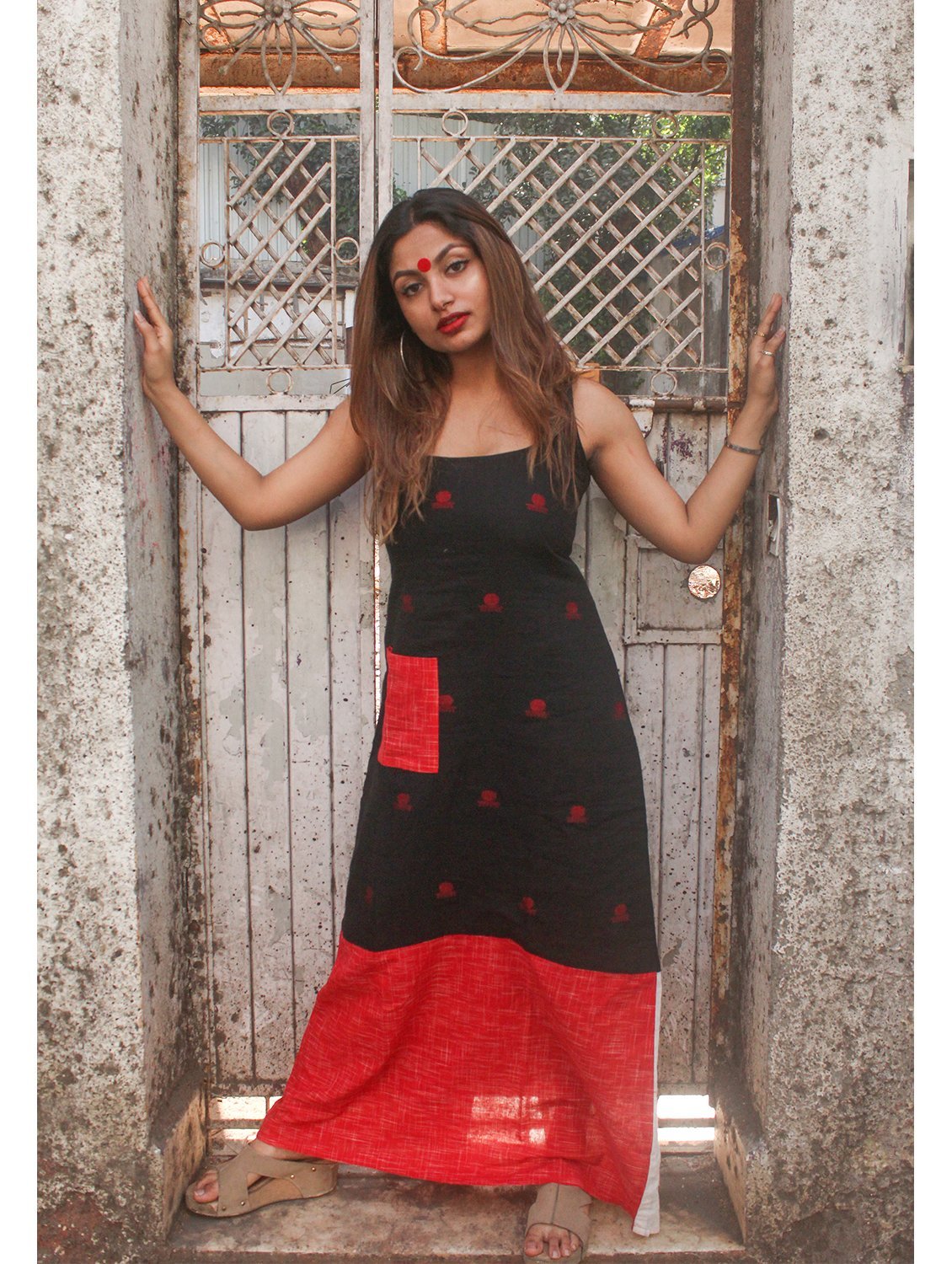 Black and Red Jamdani Cotton Racerback Maxi Dress | Sustainable Indo-Western Wear by Prathaa Black and Red Jamdani Cotton Racerback Maxi Dress | Sustainable Indo-Western Wear by Prathaa