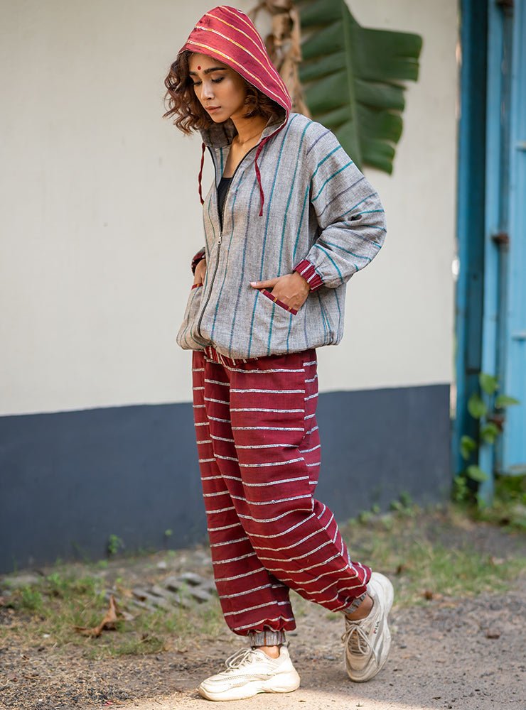 Grey & Maroon Unisex Hoodie Set-PRATHAA - unisex zip up hoodies with straight fit pants