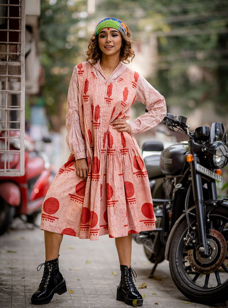Bawra: Pleated Summer Holiday Dress in Bindi handblock print-PRATHAA