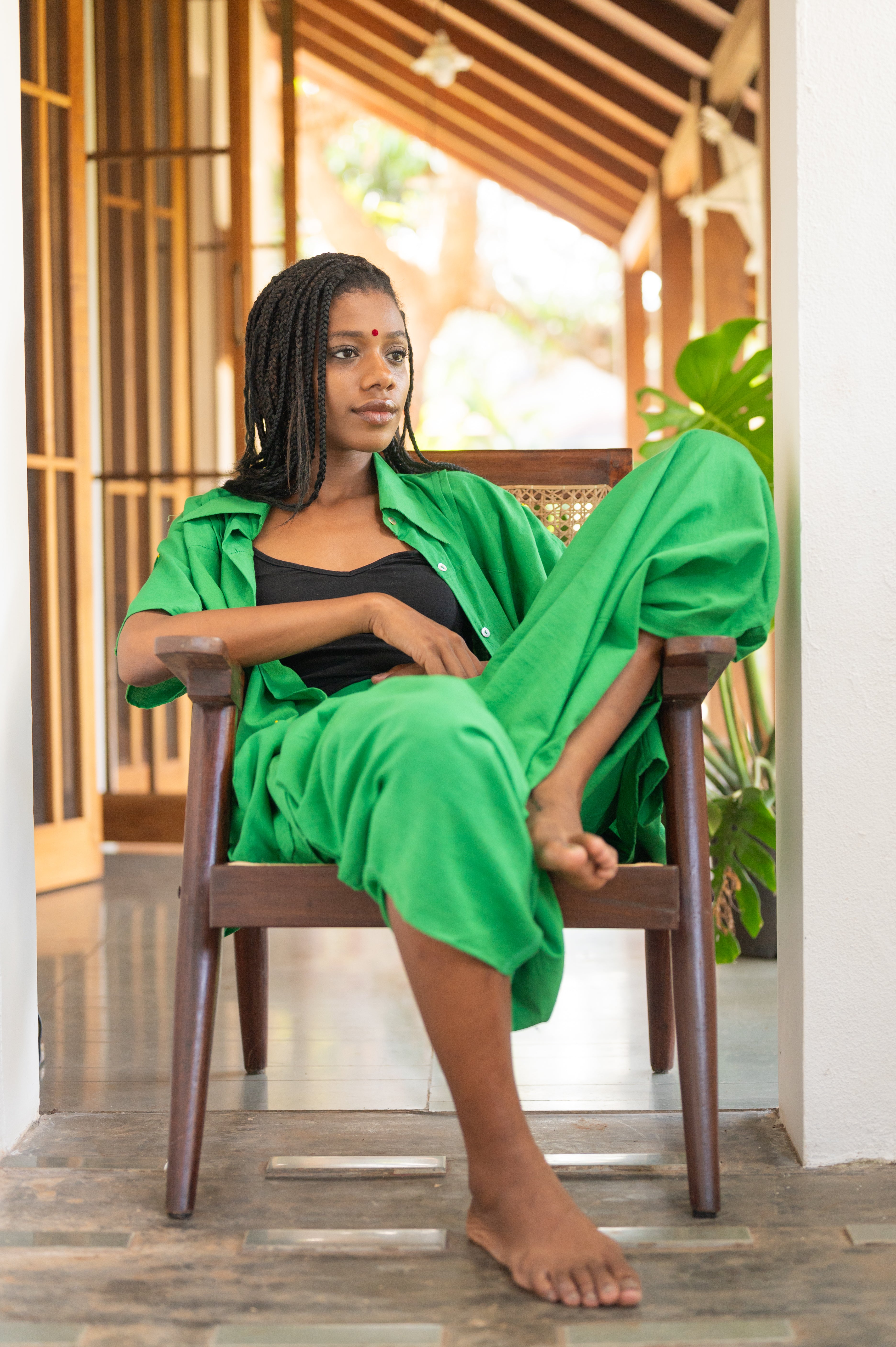 Set:Green Mul Kaftan Dhoti - Prathaa - weaving traditions