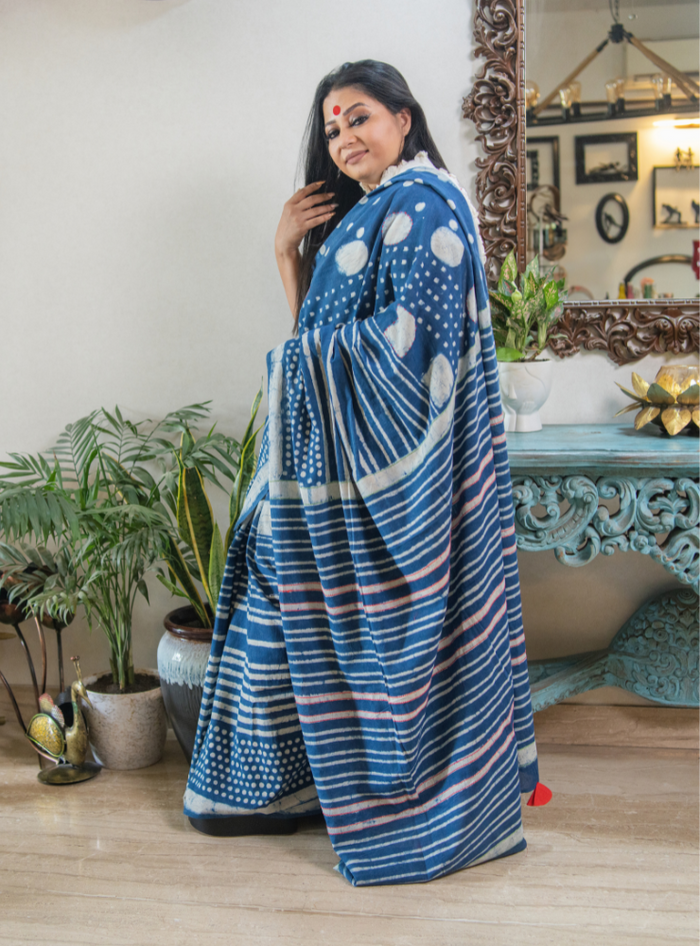 Blue Hand Block Print Handloom Cotton Neelanjali Saree from Prathaa, styled for Janmashtami
