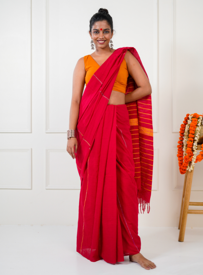 Red Khesh Handloom Cotton Saree from Prathaa, Look 04 Navami