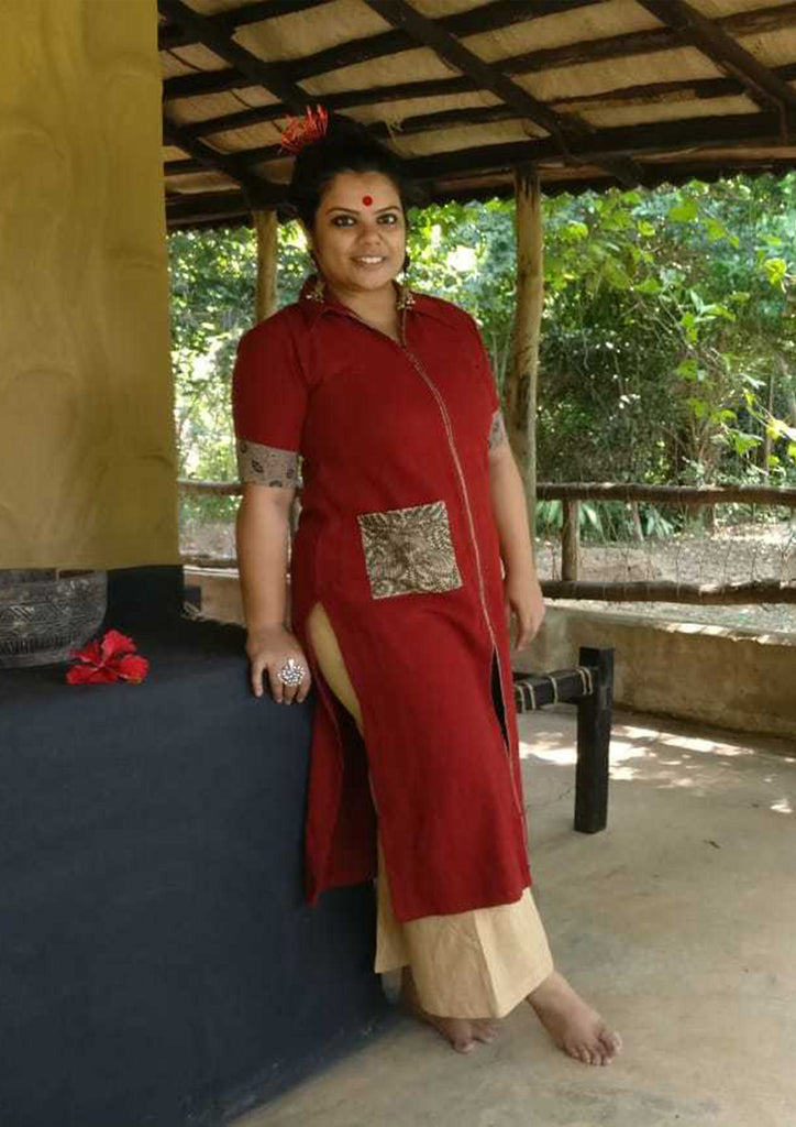 Tunic - Kala cotton maroon collared tunic with pocket - Prathaa