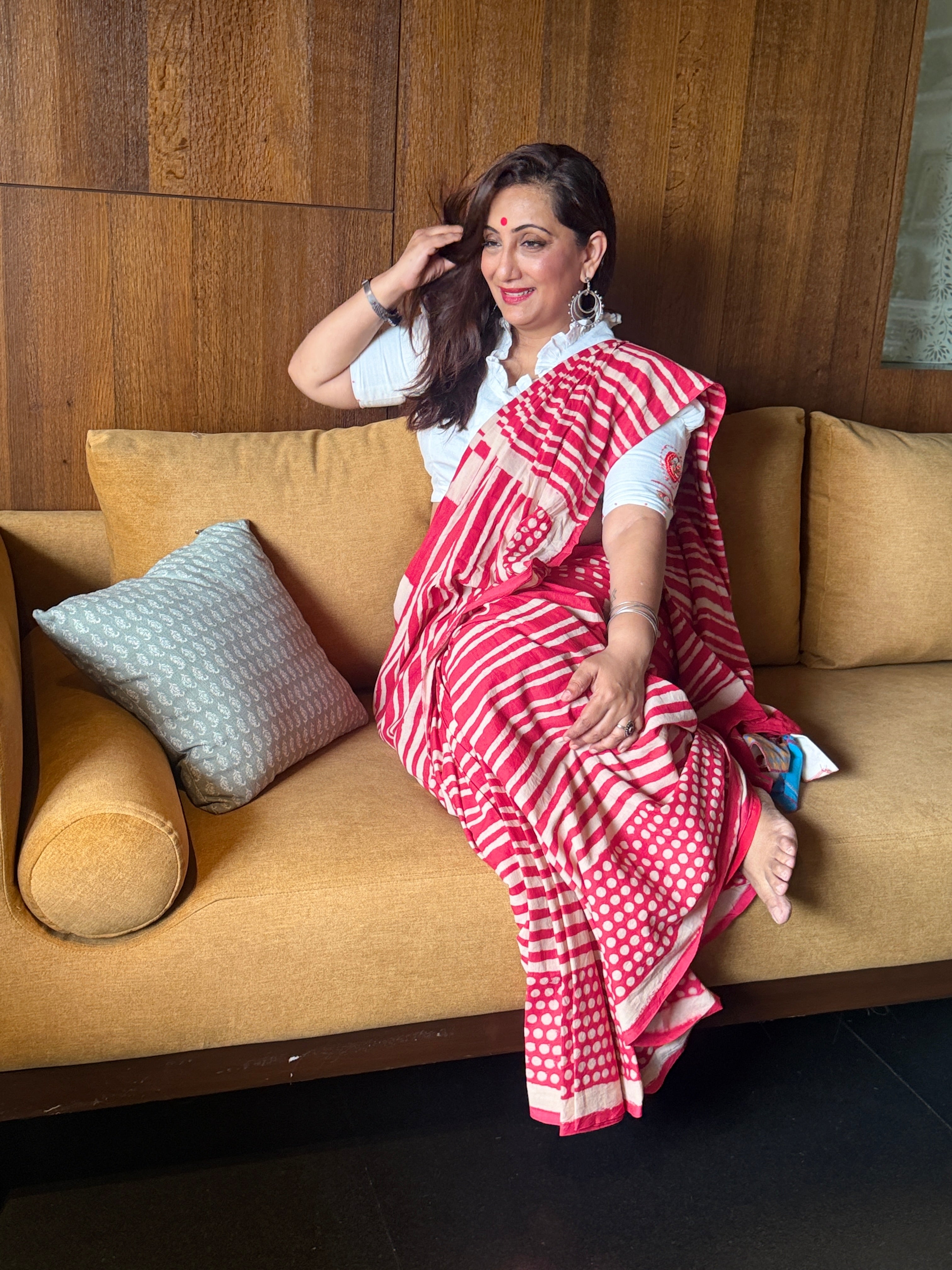 Fire Red Hand Block Print Handloom Cotton Agnika Saree