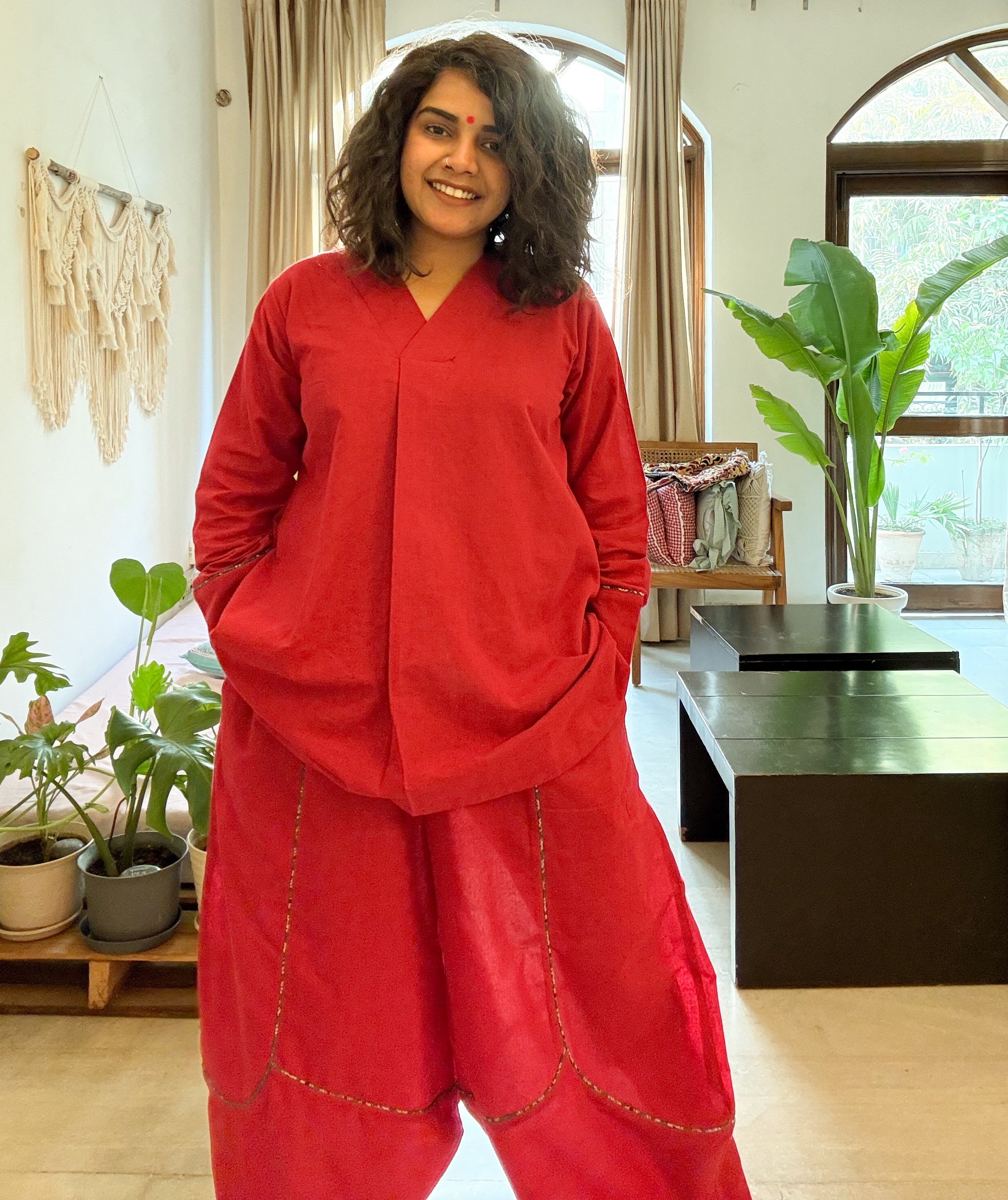 Red Handloom Cotton Overlapped Collar  Top