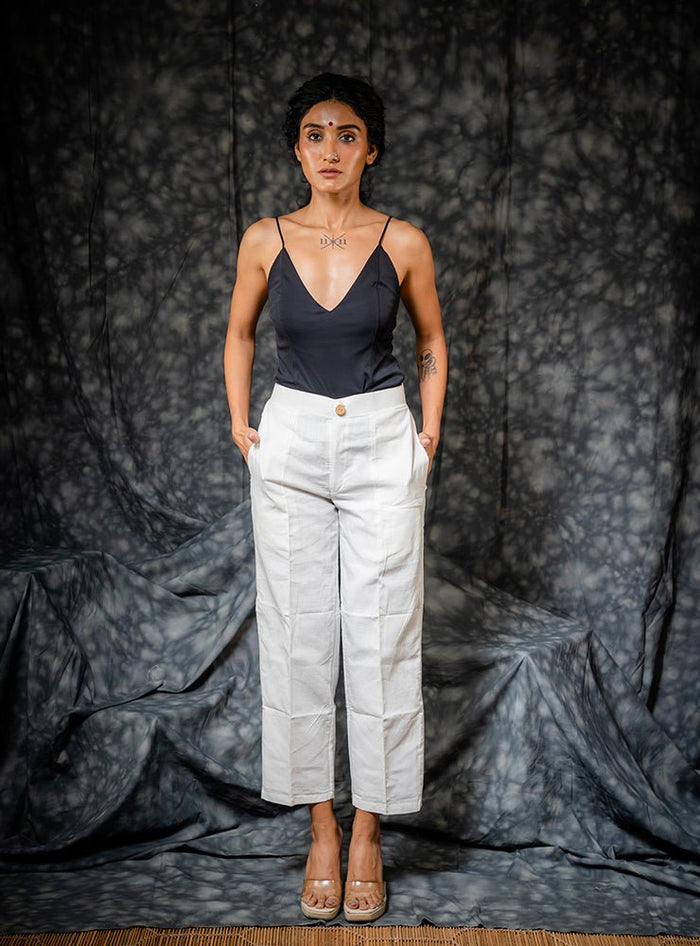 Classic White Cotton Straight Fit Rozaana Pants