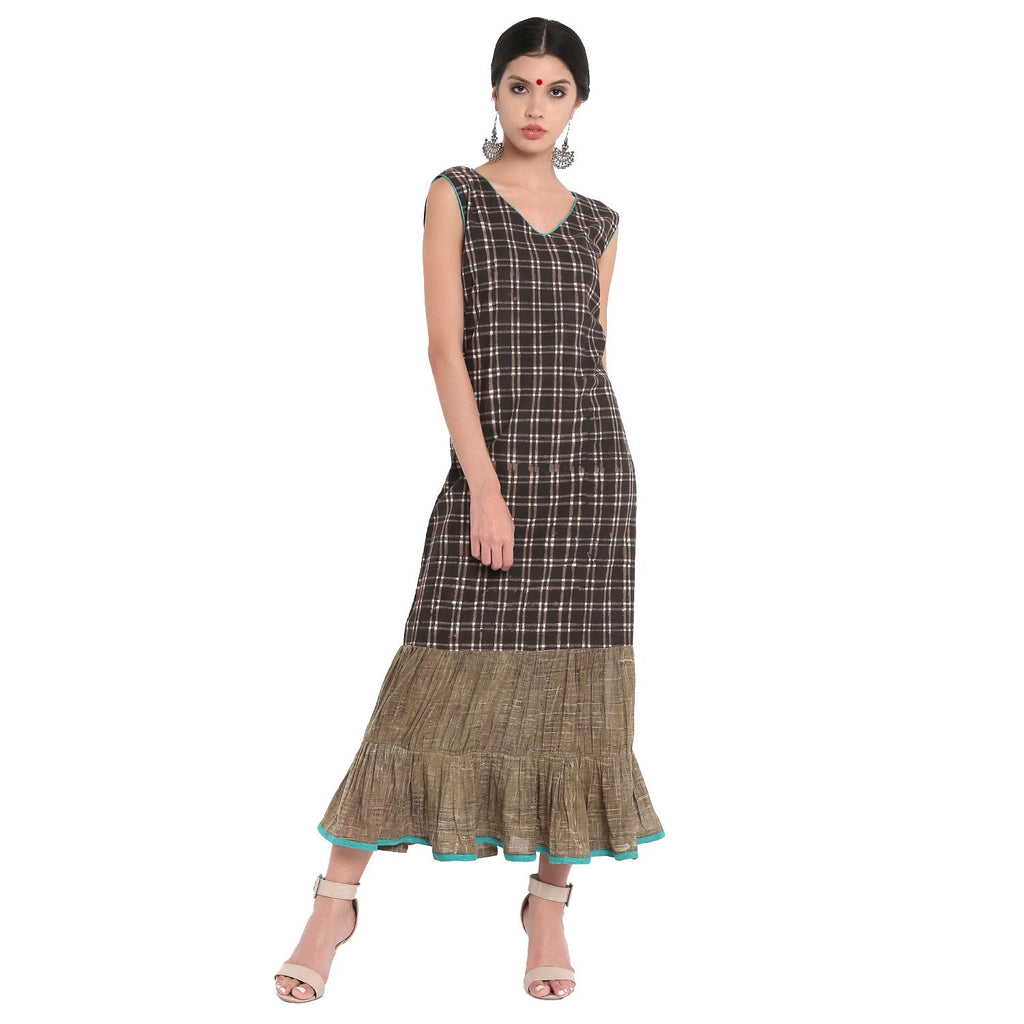 Dress - Checks A-line dress with frills - Prathaa