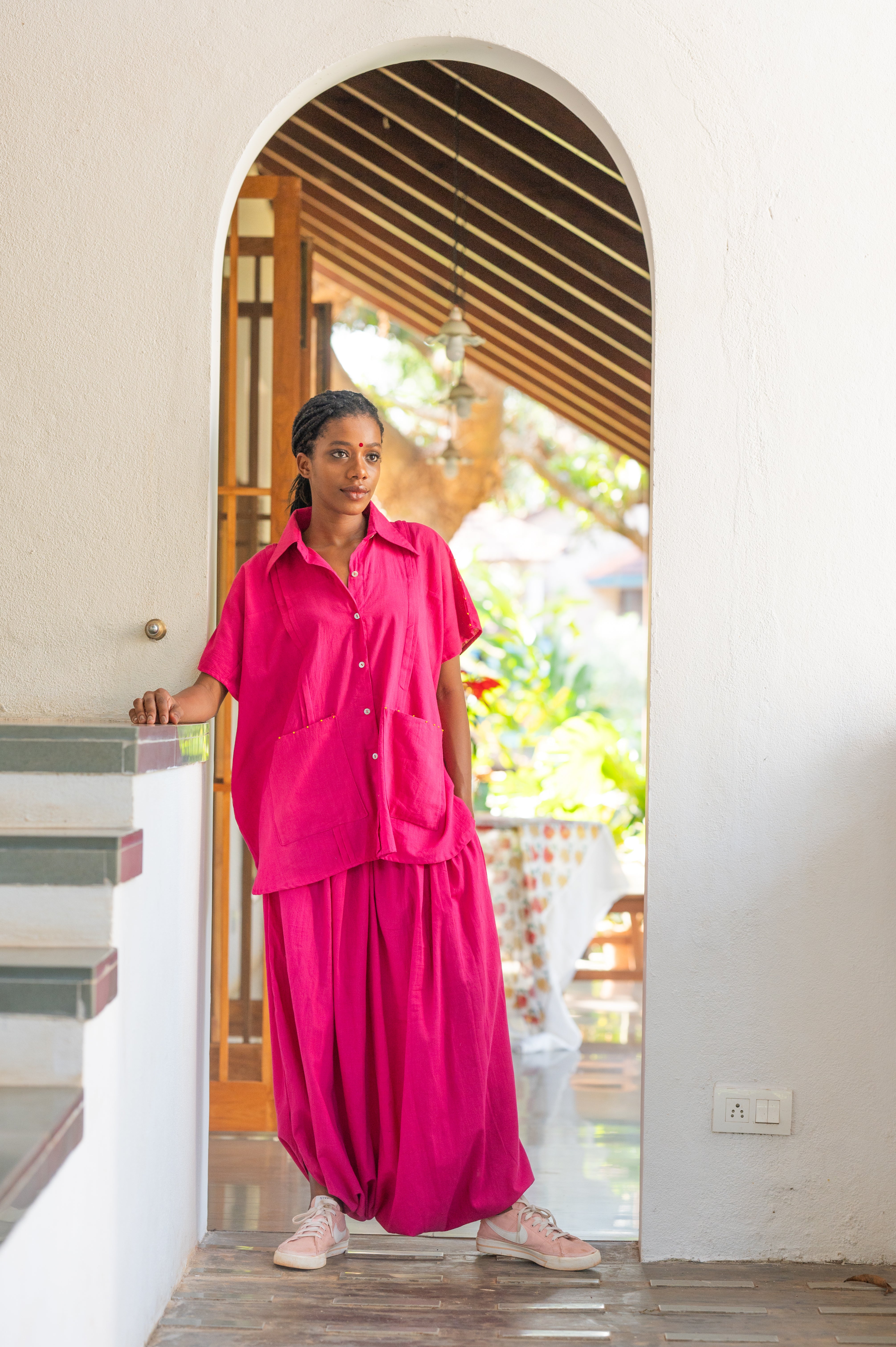 Set:Pink Mul Kaftan Dhoti - Prathaa - weaving traditions