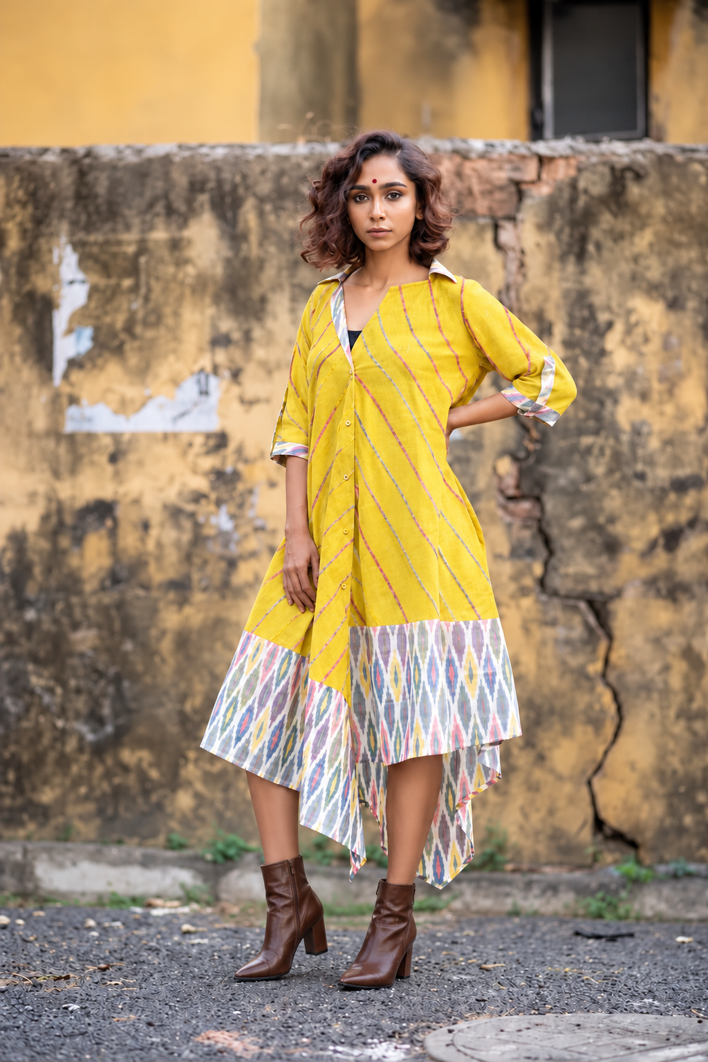 YEllow Khesh Cotton Euphoria Hiji Biji Shirt Dress