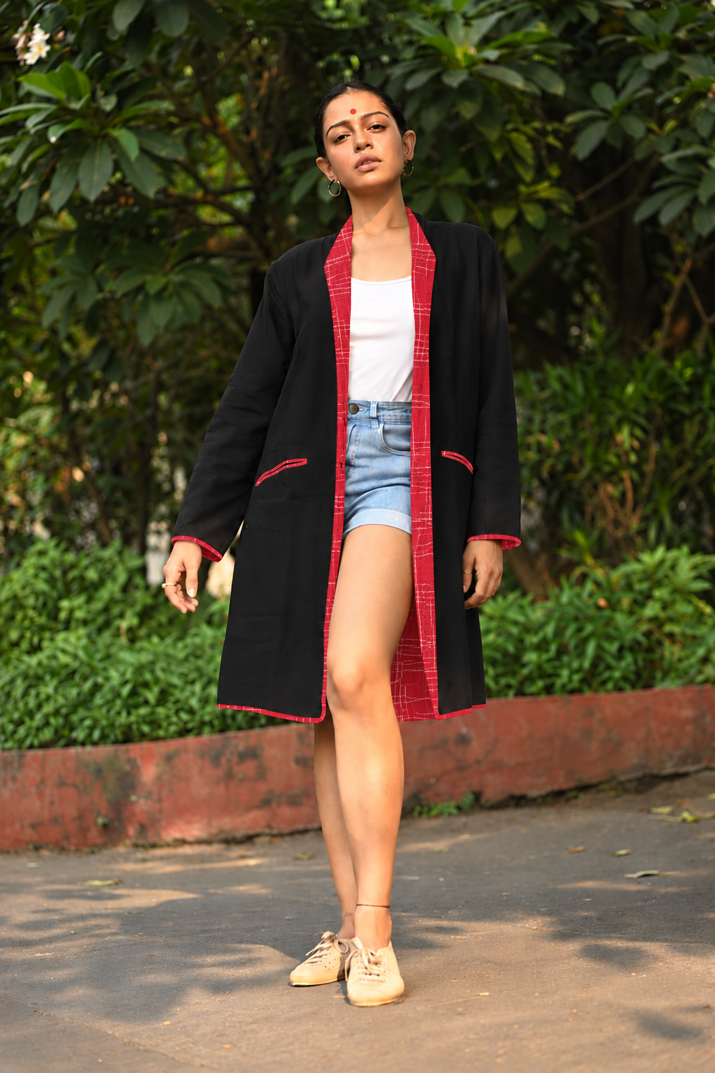 Black and Red Handloom Cotton Taana Baana Reversible Jacket