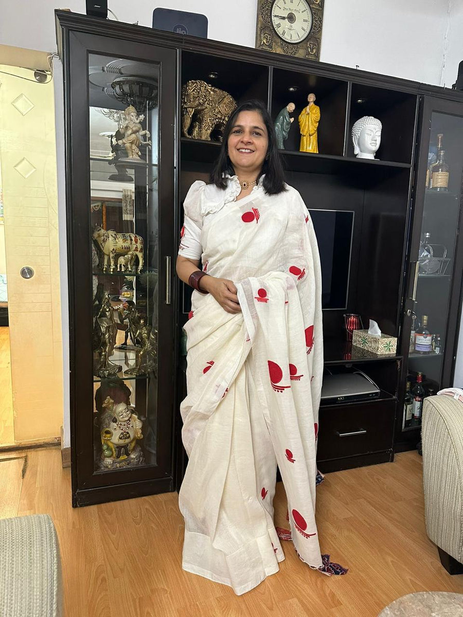 White Linen Cotton Bindi Saree