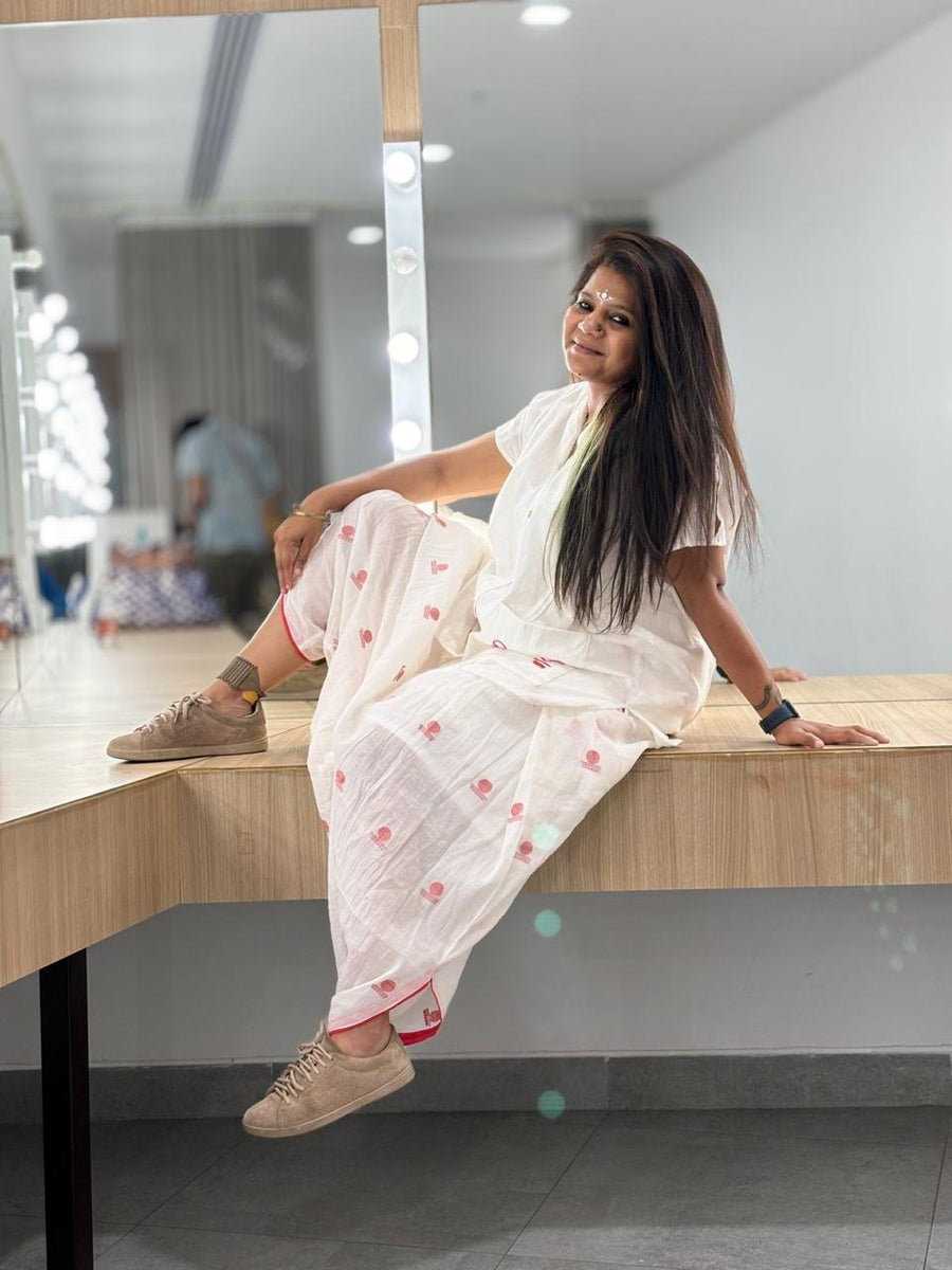 White Jamdani Shvet Cotton Kaftan and Dhoti Set