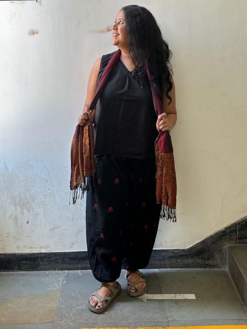 Black Jamdani Cotton Flared Harem Pants