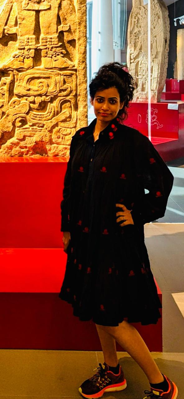 Black Jamdani Cotton Three Tier Flare Kaali Dress Set with Red Shift Dress