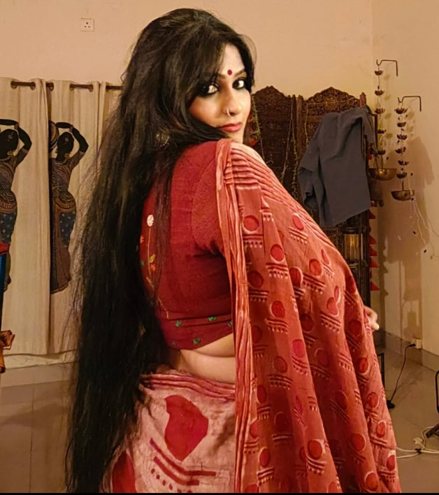 Pink Bindi Cotton Dabu Saree