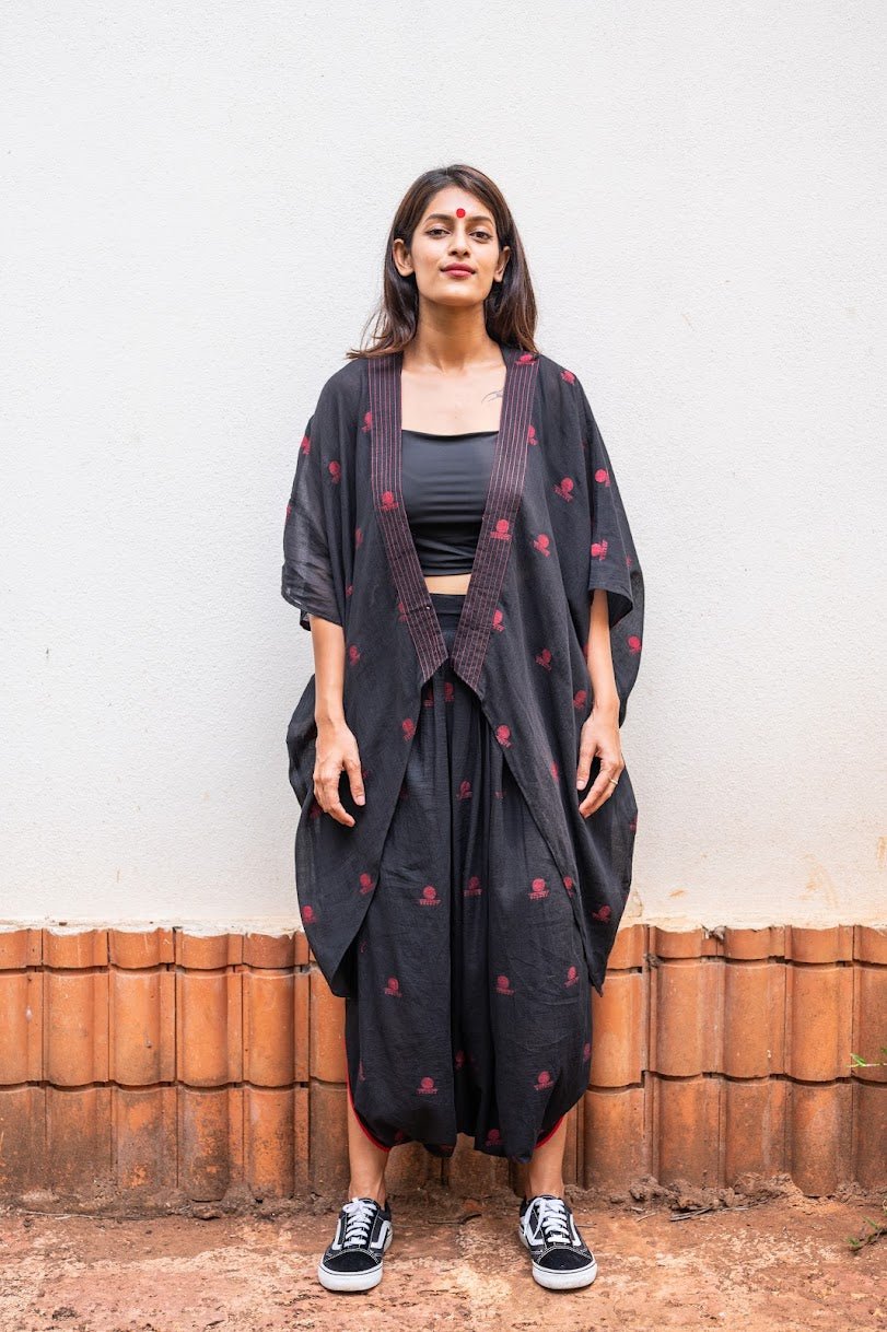 Aastey Set- Black Jamdani dhoti with Jacket - Prathaa - weaving traditions