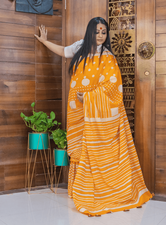 Fire Red Hand Block Print Handloom Cotton Agnika Saree from Prathaa, styled for Ganesh Chaturthi sthapana