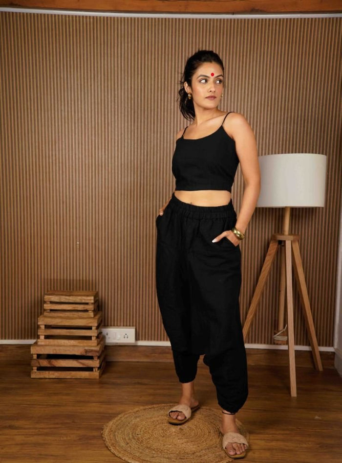 Black Handloom Cotton Drop Crotch Bani Unisex Pants