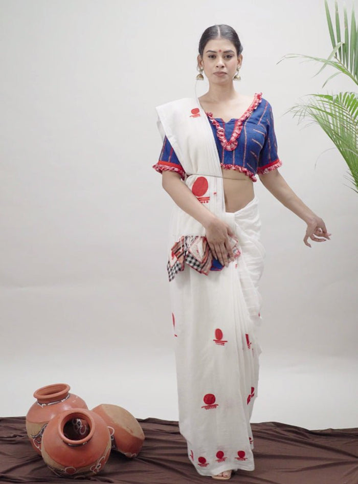 Blue Khesh Cotton Traditional Puff Sleeve Blouse