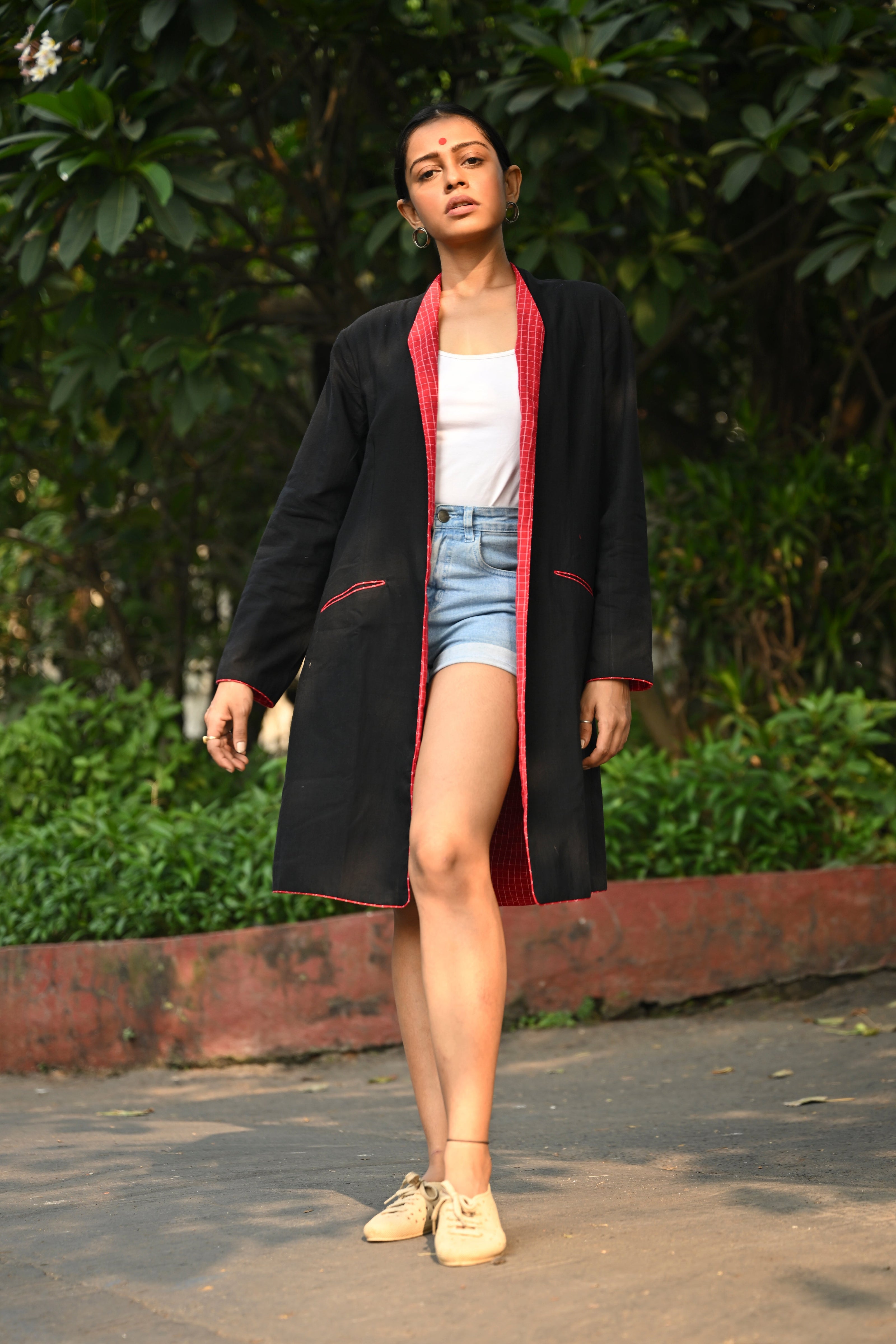 Black and Red Handloom Cotton Taana Baana Reversible Jacket