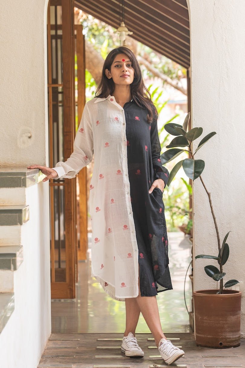 Black and White Jamdani Shirt Dress - Prathaa - weaving traditions