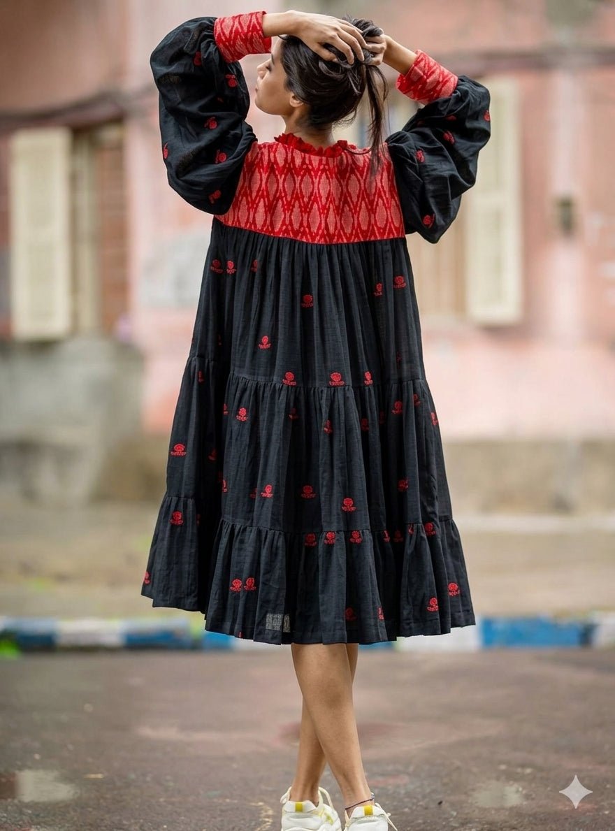 Black Jamdani Cotton Three Tier Flare Kaali Dress Set with Red Shift Dress - Prathaa-weaving traditions
