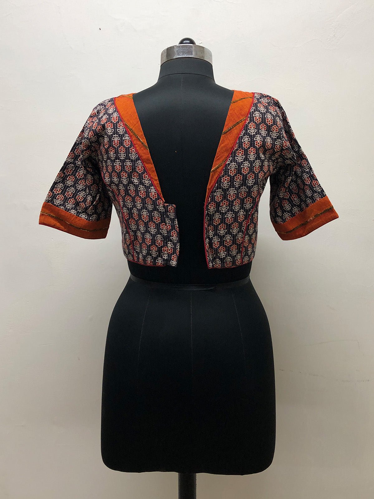 Black Kantha and Orange Khesh Blouse - Prathaa - weaving traditions