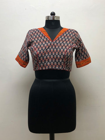 Black Kantha and Orange Khesh Blouse - Prathaa - weaving traditions