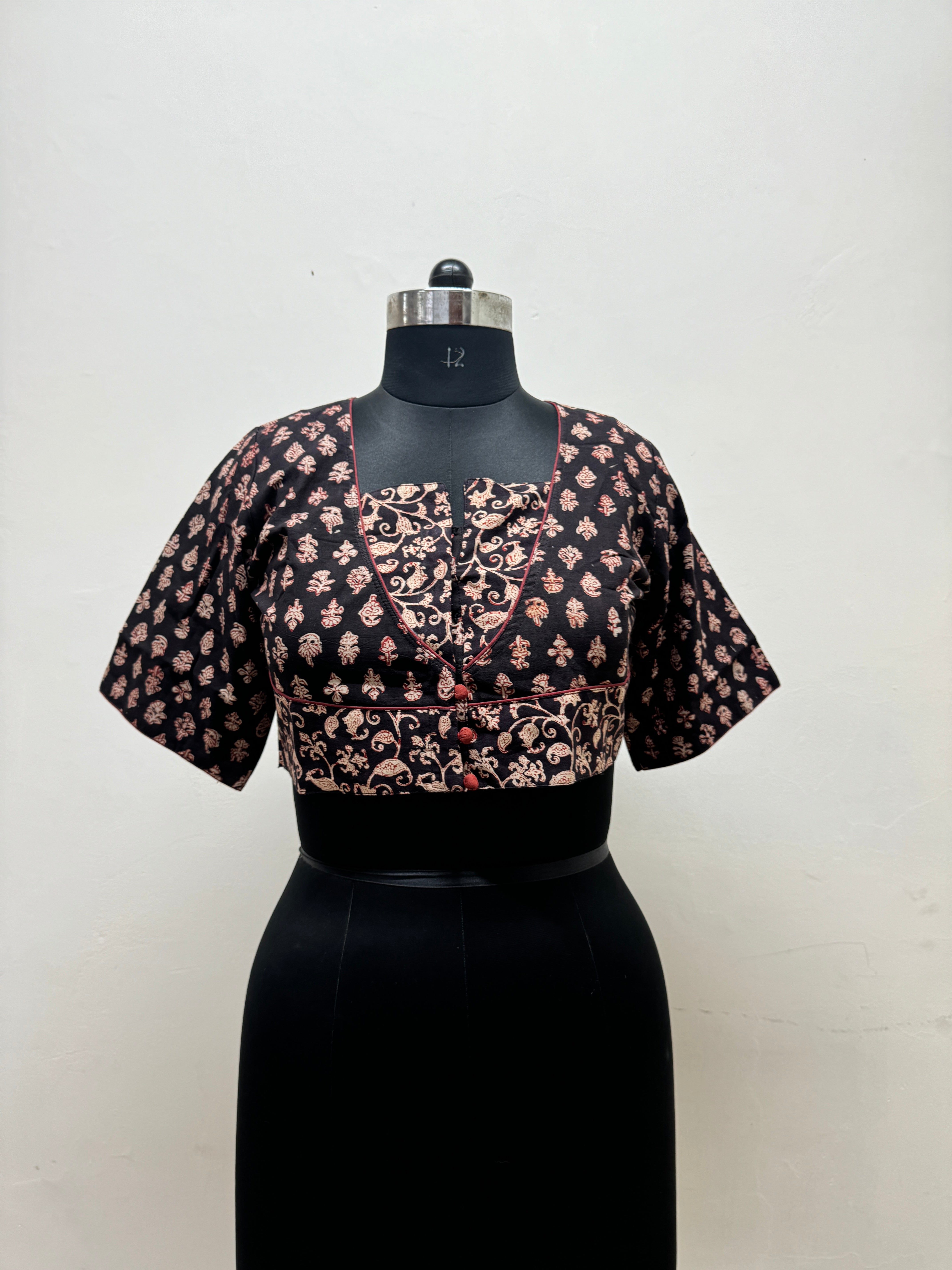 Black V - Neck Handloom Cotton Printed Blouse - Prathaa - weaving traditions