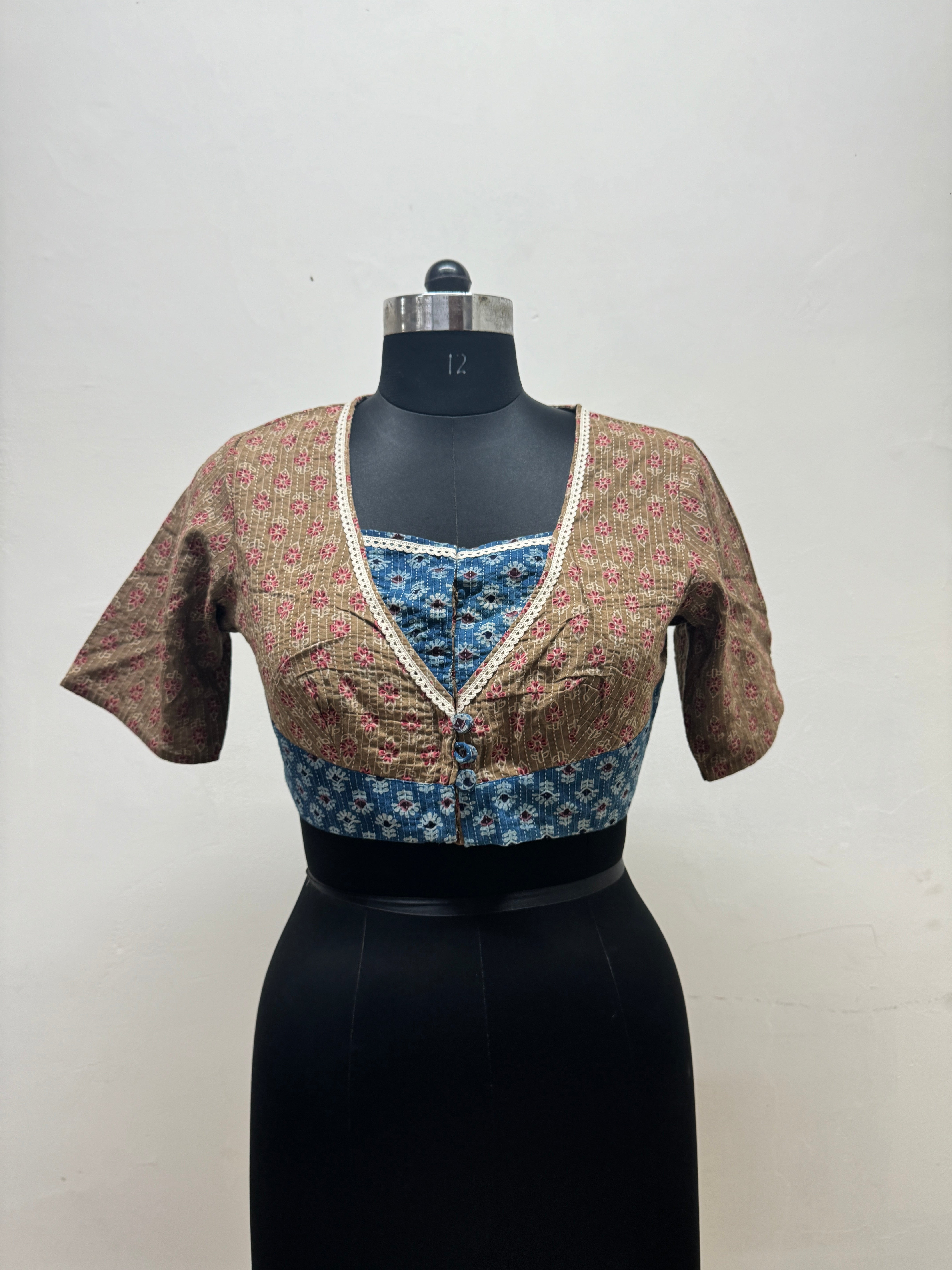 Blue and Beige Kantha Blouse - Prathaa - weaving traditions