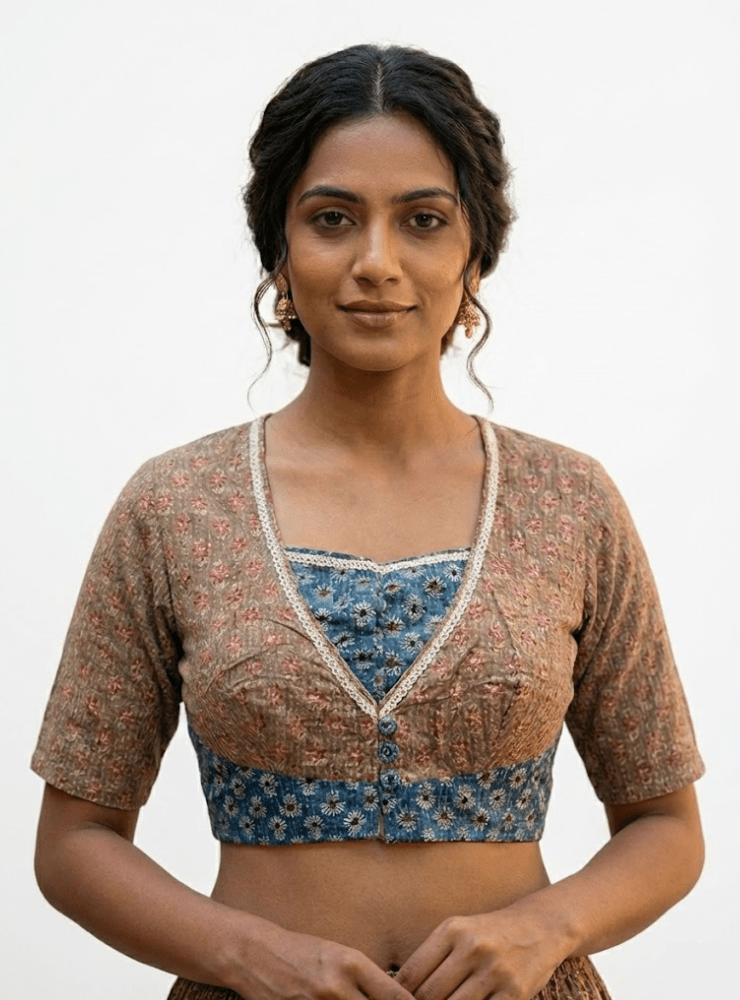 Blue and Beige Kantha Blouse | Handloom Cotton Blouse - Prathaa - weaving traditions
