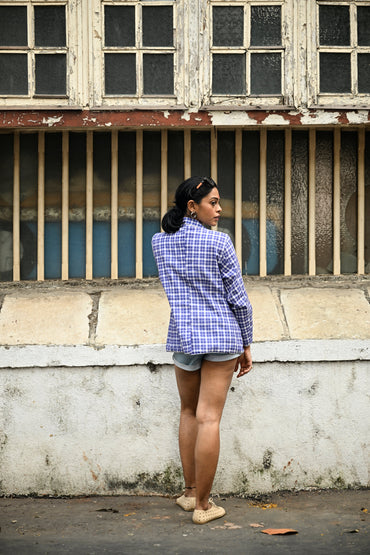 Blue and White Checkered Blazer - Prathaa - weaving traditions