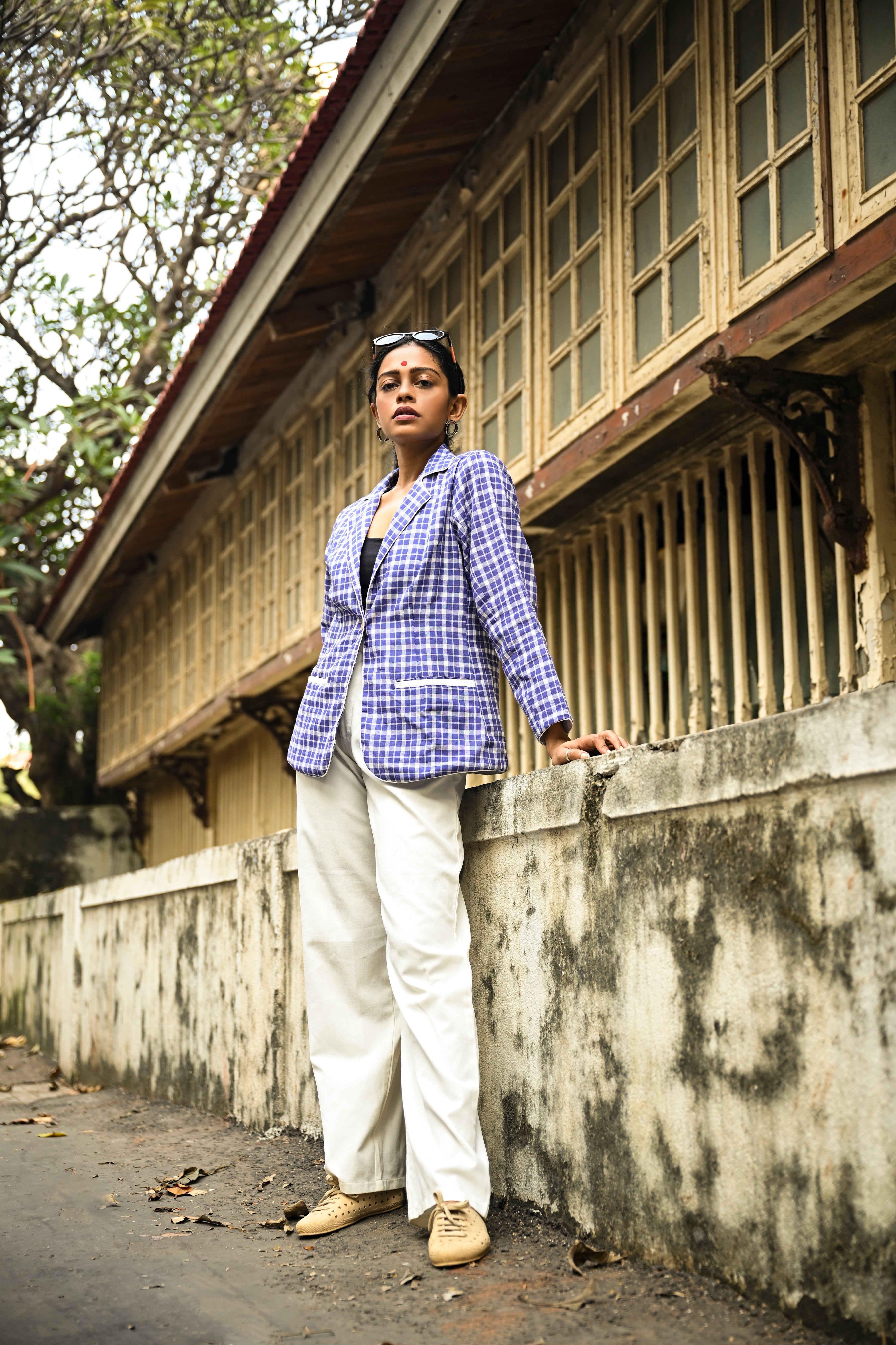 Blue and White Checkered Blazer - Prathaa - weaving traditions