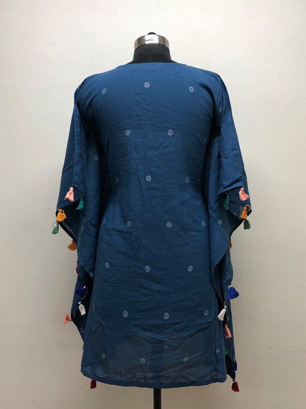 Blue Jamdani Kaftan Dress with Tassels - Prathaa - weaving traditions