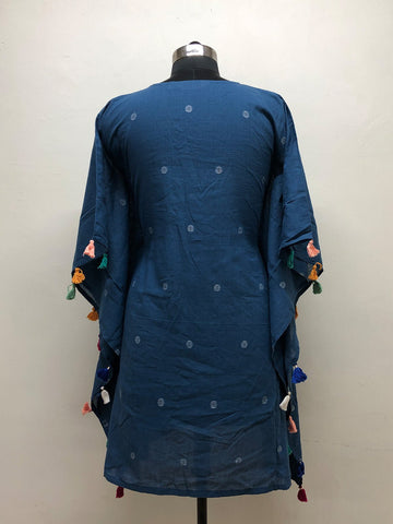 Blue Jamdani Kaftan Dress with Tassels - Prathaa - weaving traditions