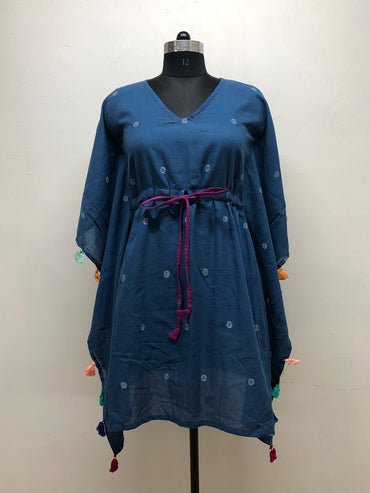 Blue Jamdani Kaftan Dress with Tassels - Prathaa - weaving traditions