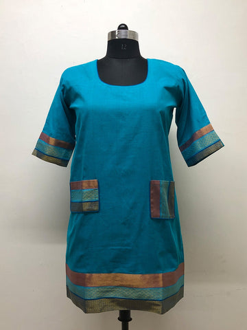 Blue Long top with patch pocket - Prathaa - weaving traditions