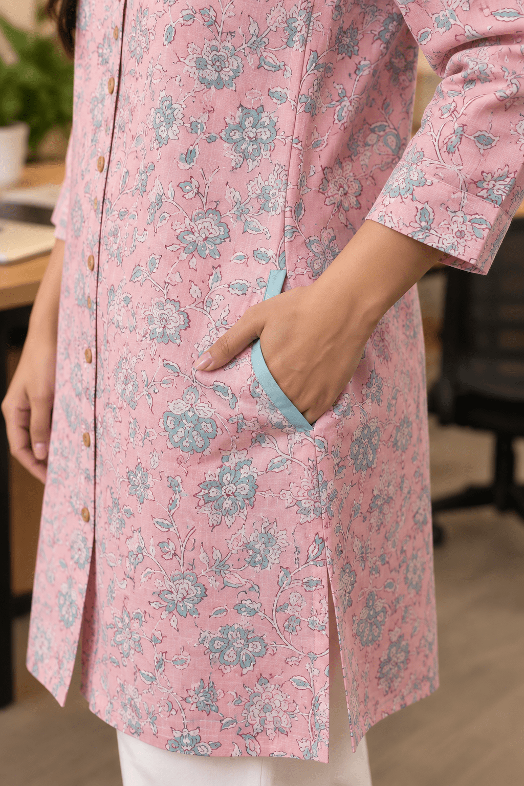 BRICK Block printed loose fit tunic Blue Rose - Prathaa-weaving traditions