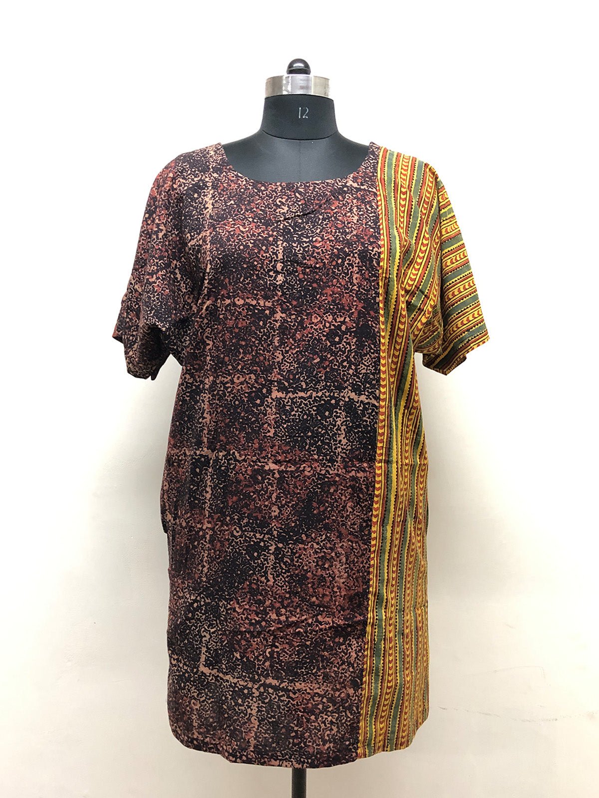 Brown and Mustard Half and Half Printed Dress - Prathaa - weaving traditions