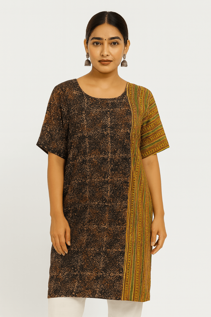 Brown and Mustard Half and Half Printed Dress - Prathaa - weaving traditions