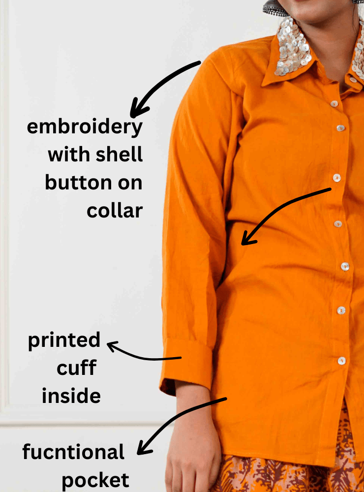 Burnt Orange Shirt with Shell Button Collar - Prathaa - weaving traditions
